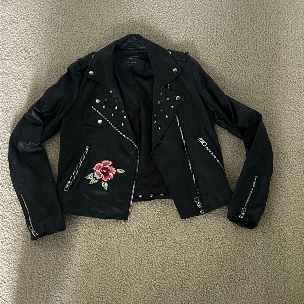 Zara Black Leather Jacket with Floral Detail